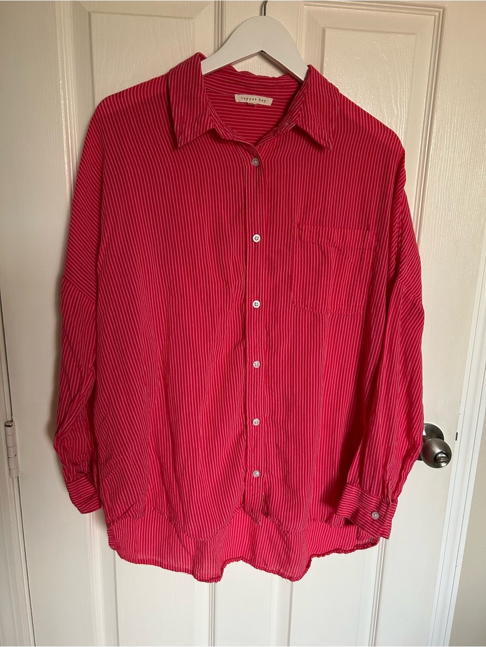 Copper Key Bright Pink & White Striped Women's Button-Down Oversized Shirt